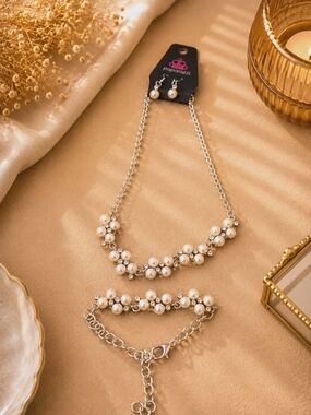 paparazzi White Pearl Cluster Necklace and Bracelet Set with Silver Chain